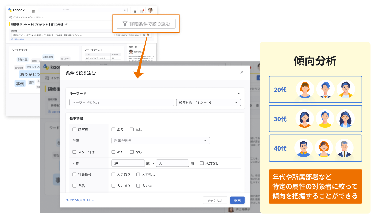 特定の属性の対象者を絞って傾向を把握