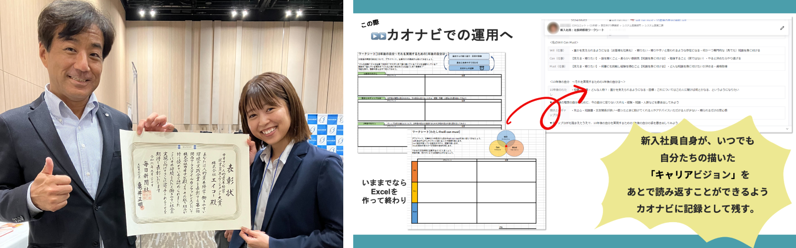 エイコー社の北村部長と当社の酒井が登壇し、社員のキャリアビジョンに対する「カオナビ」活用例をご紹介