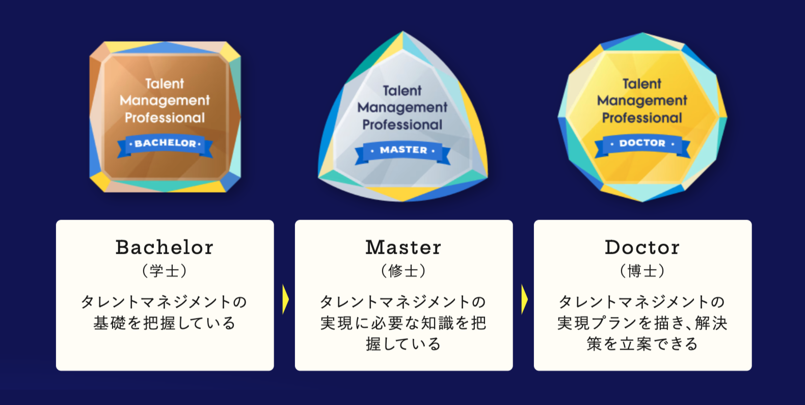 画像：資格は難易度に応じて分かれており、Bachelor(学士)、Master(修士)、Doctor(博士)の順に3つのランクを設定