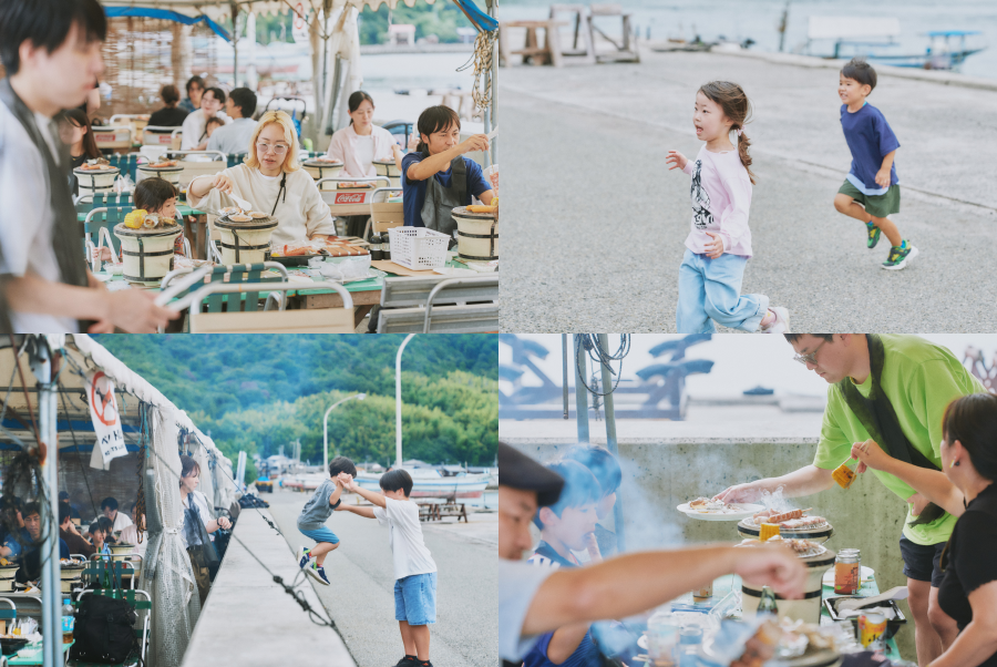 バーベキューを楽しむ参加者とお子さんたちの写真